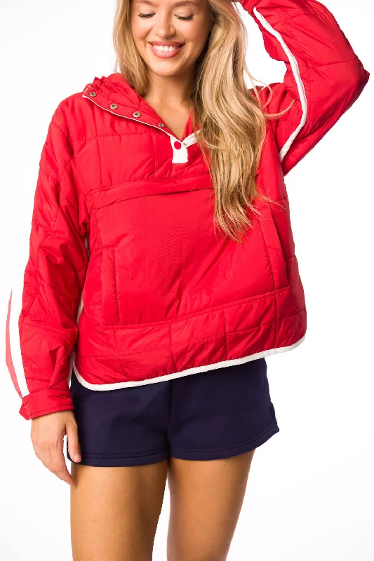 Save on stylish, high-quality clothing for every occasion –  Joanna Quilted Puffer Pullover in Crimson/White