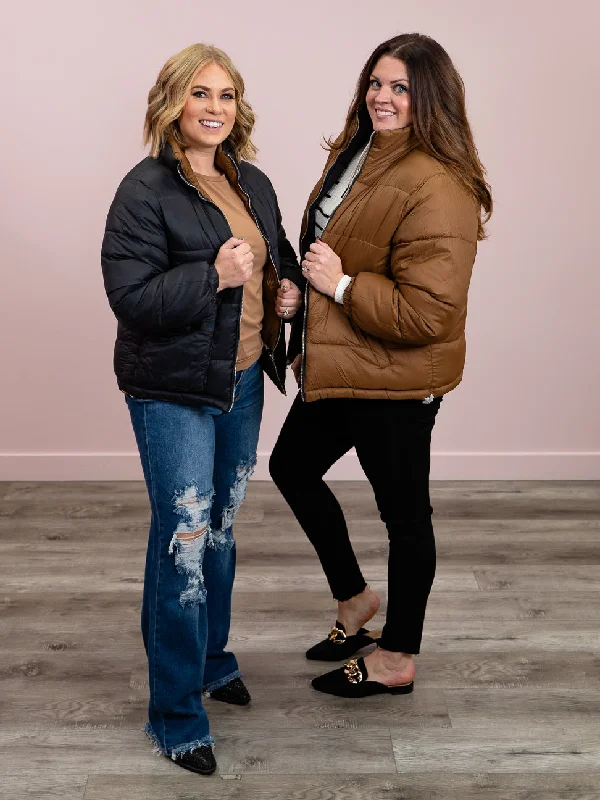 – Shop trendy clothing now.  *NEW* DEX | Myla Reversible Puffer | Black & Caramel