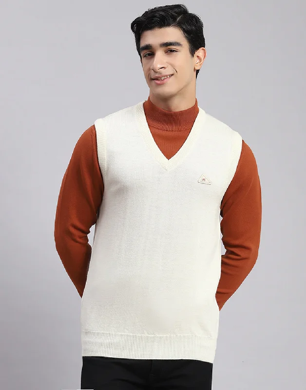 Seasonal sale  Men Off White Solid V Neck Sleeveless Sweaters/Pullovers