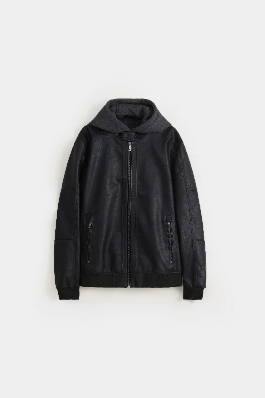 Shop now and enjoy massive savings on stylish clothing for all seasons.  Faux Leather Jacket With Detachable Hoodie