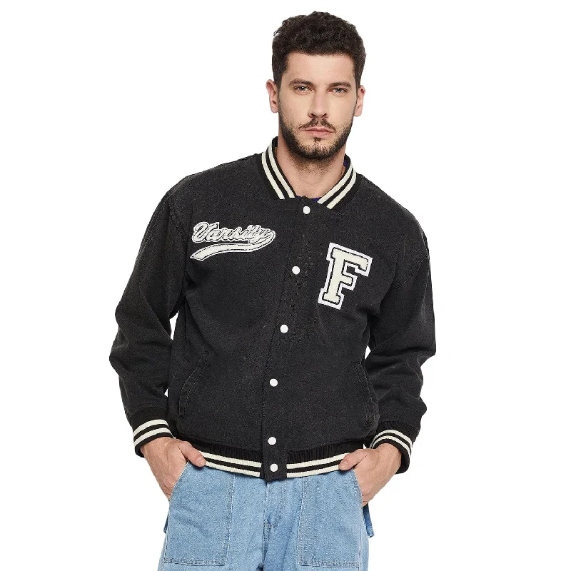 Shop smart, save big – men’s clothing sale on now!  Grey Denim Varsity Jacket