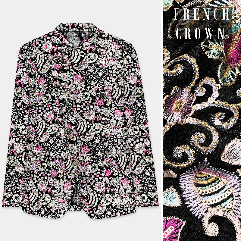 Shop the latest clothing deals – Huge discounts on fashion essentials!  Jade Black And Amethyst Purple MultiColour Designer Heavy Embroidered Cross Placket Bandhgala Jodhpuri