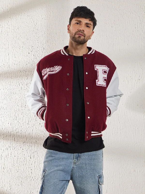 Exclusive discounts on all types of clothing – Shop now!  Maroon Woollen Faux Leather Sleeves Letterman Varsity Jacket