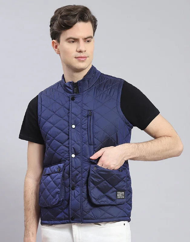 Exclusive discounts on men's fashion – shop today!  Men Blue Solid Stand Collar Sleeveless Jacket