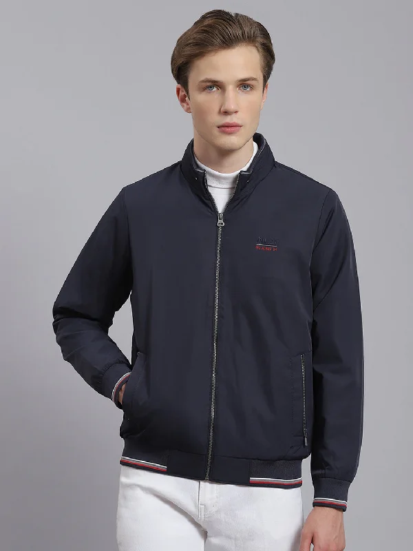 Upgrade your wardrobe with stylish men's apparel – now on sale!  Men Navy Blue Solid Stand Collar Full Sleeve Jacket