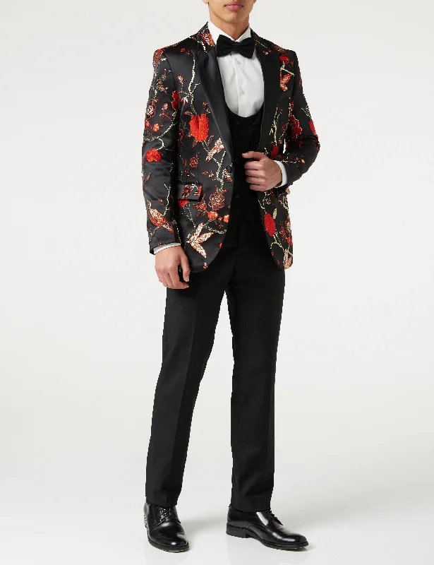 Men’s wardrobe essentials now at unbeatable prices.  TUXEDO BLACK RED FLORAL BLAZER