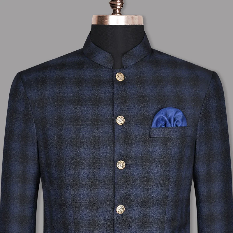 Save up to 60% on new arrivals in clothing – Shop now!  Zodiac Blue Plaid Bandhgala/Mandarin Wool-Silk blend Blazer
