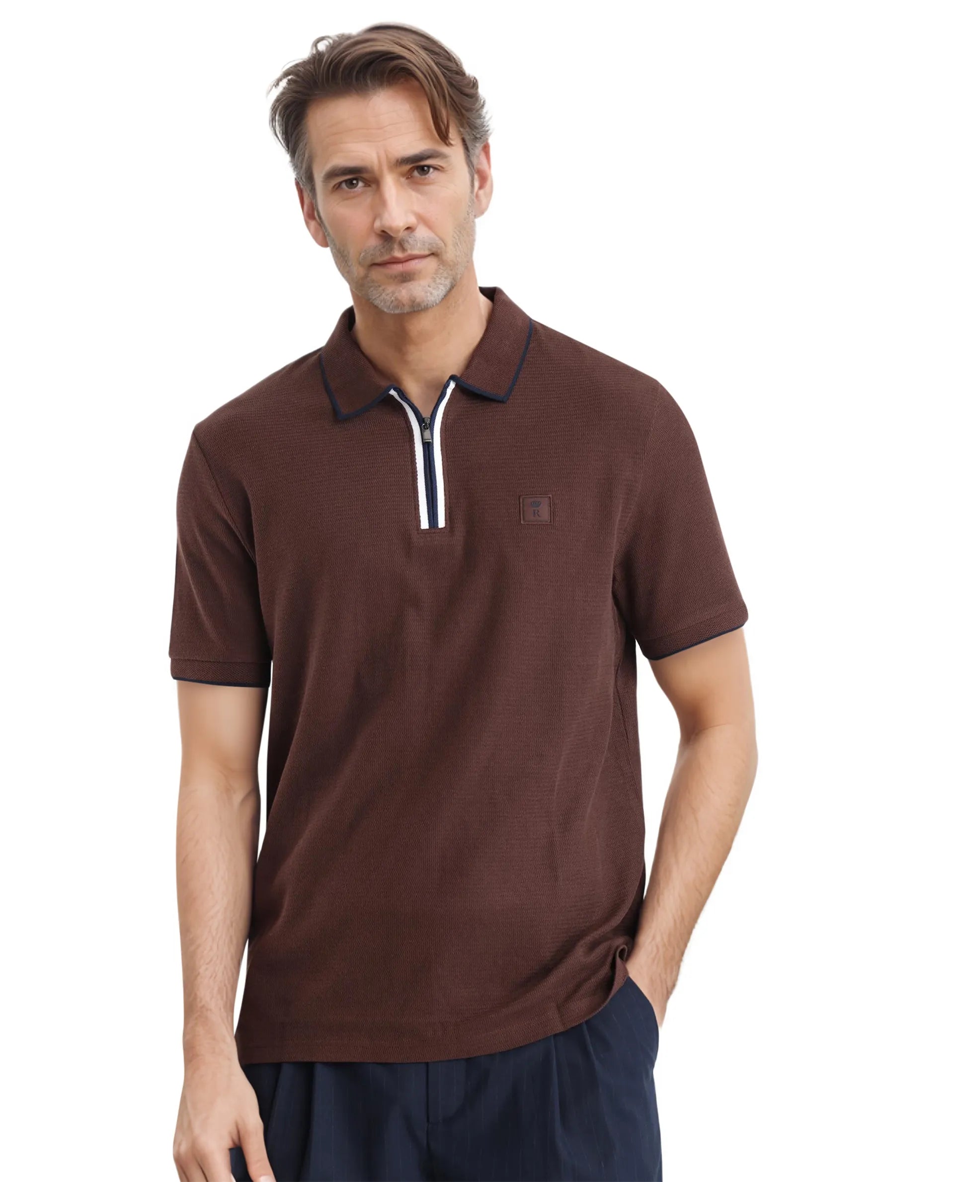 Get ready for the season with exclusive savings on trendy clothes.  Rare Rabbit Men's Burrow Brown Short Sleeve Collared Neck Slim Fit Plain Polo