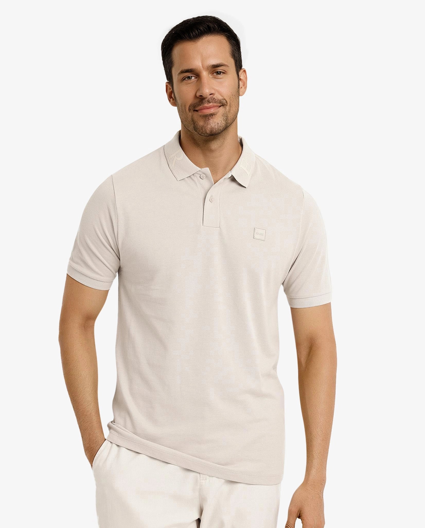 Last chance! Men’s clothing at unbeatable prices.  Rare Rabbit Men's Clif Dusky Beige Cotton Fabric Short Sleeves Printed Detailing On Collar Regular Fit Plain Knit Polo T-Shirt