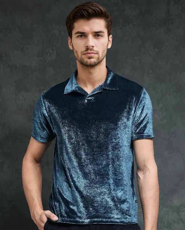 Save on men’s formal wear – perfect for your next event!  Rare Rabbit Men's Electro Teal Johnny Collar Half Sleeves Velvet Polo T-Shirt