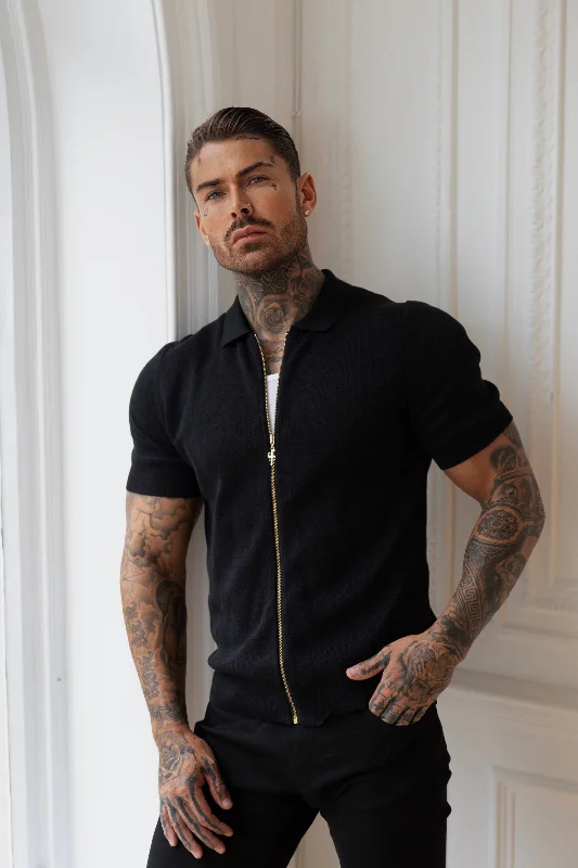 Best clothing deals . – Save up to 70% on trendy styles.  Father Sons Classic Knitted Geo Design With Full Length Zip Black Short Sleeve - FSN147