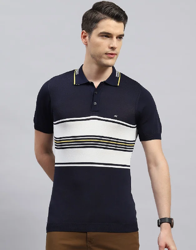 Exclusive online discounts – Shop clothing for every occasion!  Men Navy Blue Stripe Polo Collar Half Sleeve T-Shirt