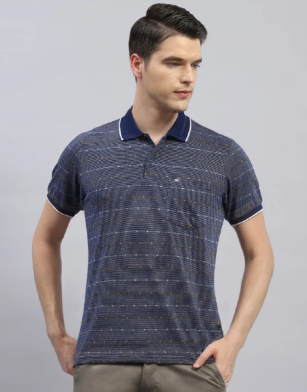 Shop men’s and women’s fashion at unbeatable prices today!  Men Navy Blue Stripe Polo Collar Half Sleeve T-Shirt