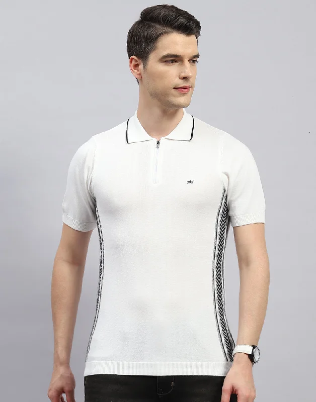 Flash deals on men’s  clothing – Grab yours today!  Men White Printed Polo Collar Half Sleeve T-Shirt