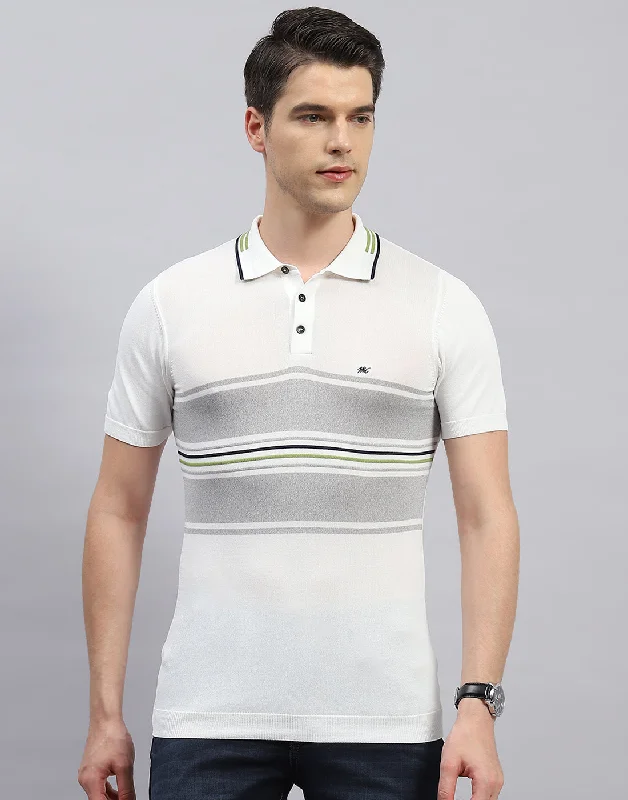 Shop now for the latest fashion trends and enjoy special promotions!  Men White Stripe Polo Collar Half Sleeve T-Shirt