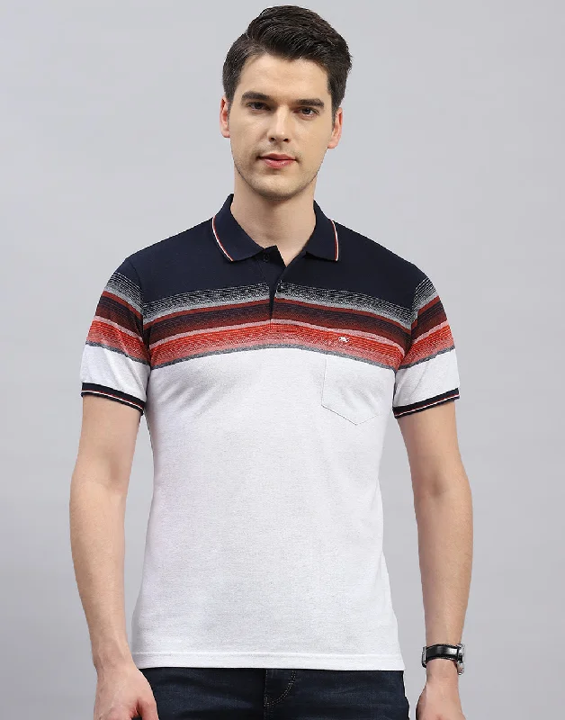 Men’s wardrobe essentials now at unbeatable prices.  Men White Stripe Polo Collar Half Sleeve T-Shirt