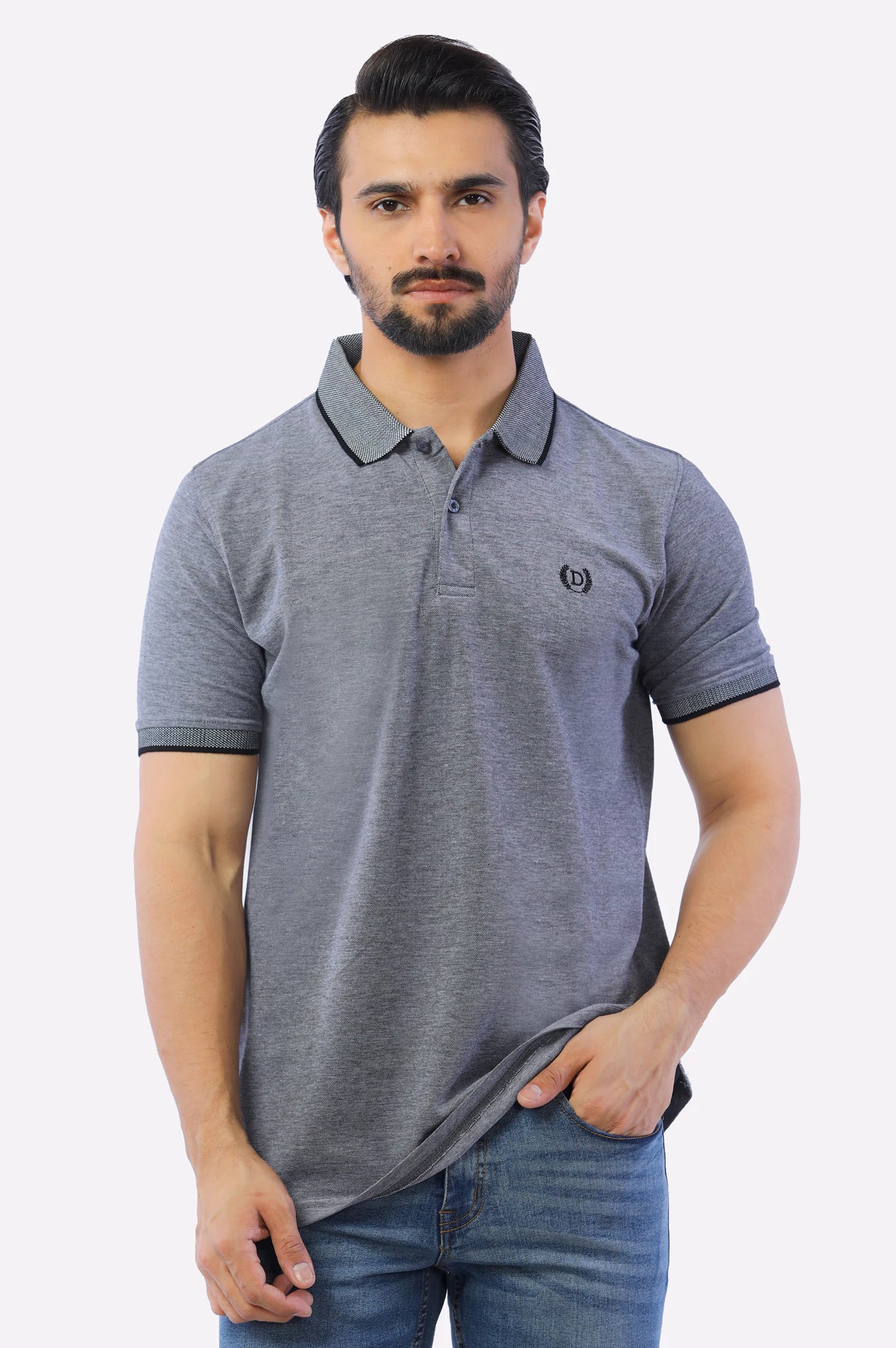 Huge savings on all categories of clothing – Shop our seasonal sale.  Black Jacquard Collar Polo