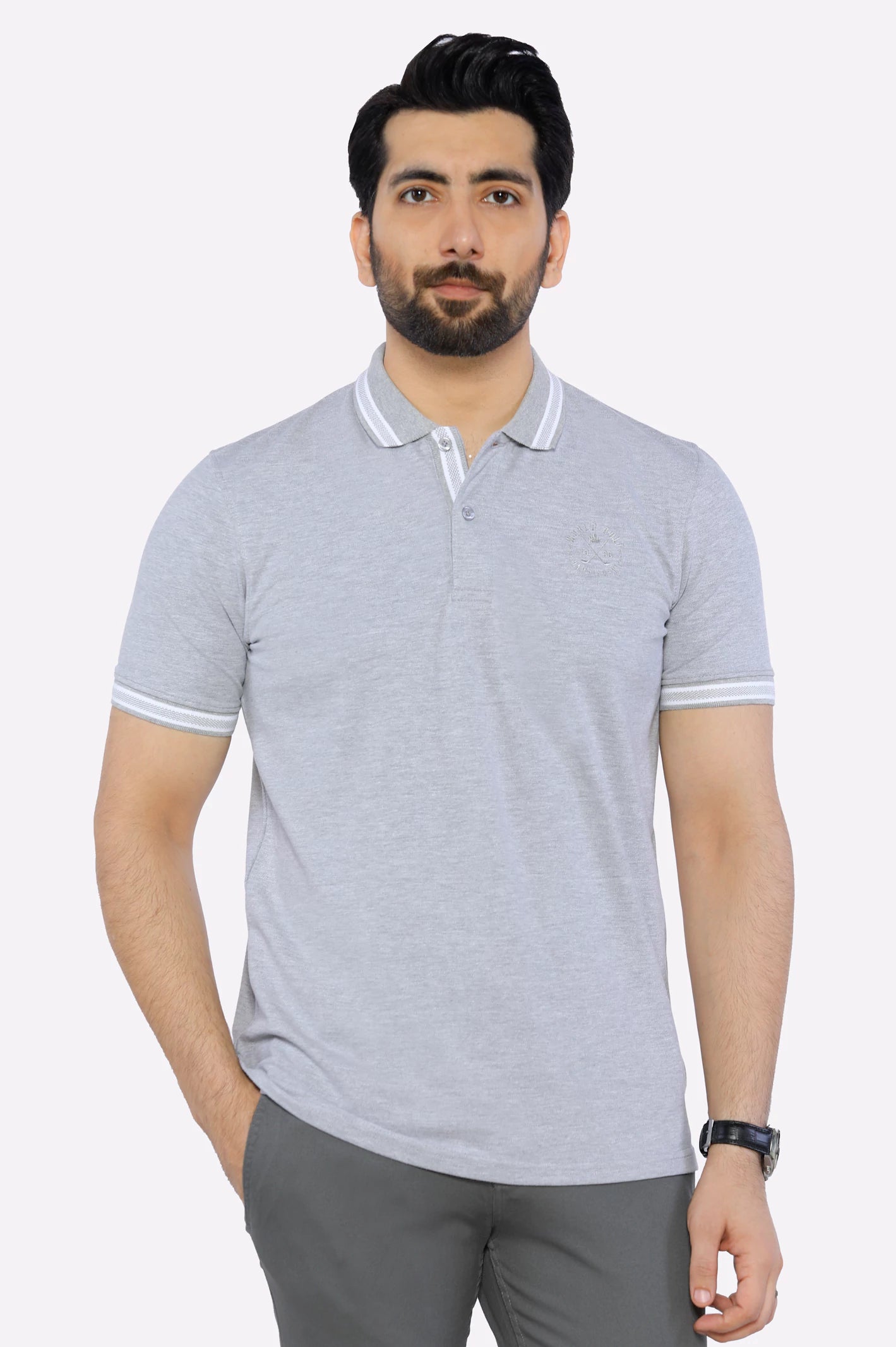 Big discounts – don’t miss out!  Heather Grey Jacquard Collar Polo