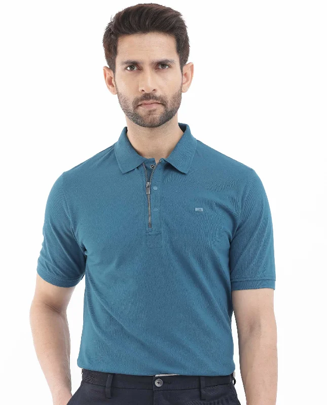 Clearance sale – shop men's clothing at discounted prices!  Rare Rabbit Mens Salis-2 Teal Cotton Fabric Collared Neck Zipper And Snap Button Closure Half Sleeves Polo T-Shirt
