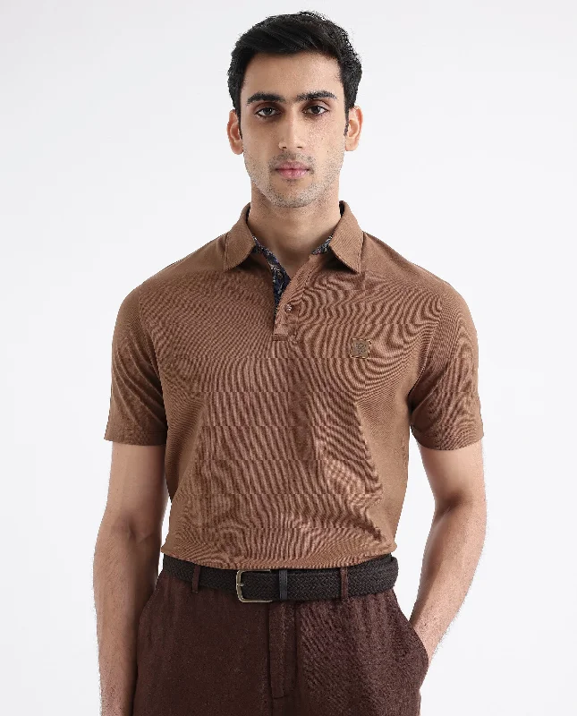 Shop exclusive offers on men’sapparel   Rare Rabbit Men's Spencer Rust Short Sleeve Button Closure Regular Fit Solid Polo T-Shirt