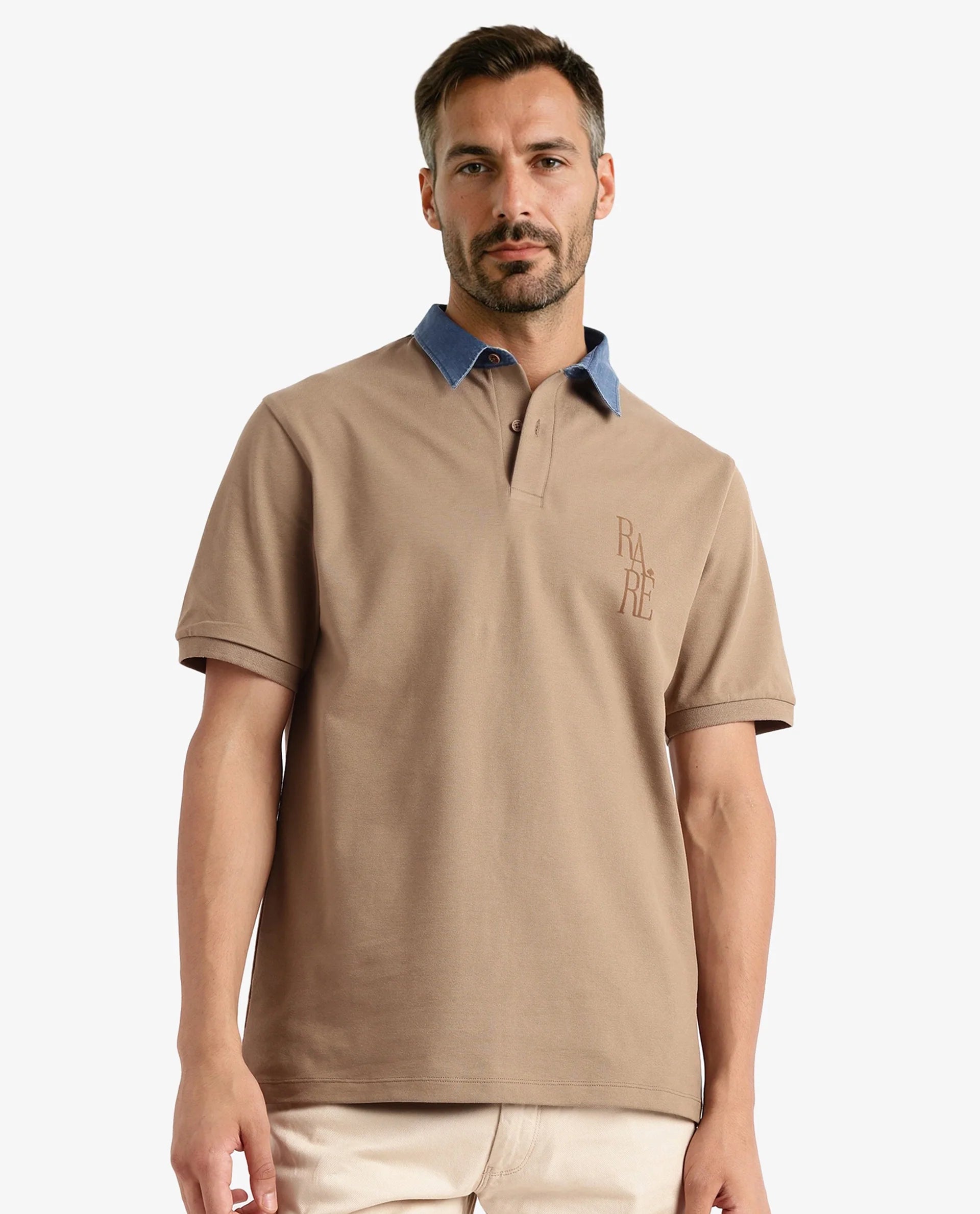 Shop trendy clothing at amazing prices – exclusive deals!  Rare Rabbit Men Tem Beige Short Sleeve Contrasting Denim Collar Chest Branding Button Closure Plain Polo