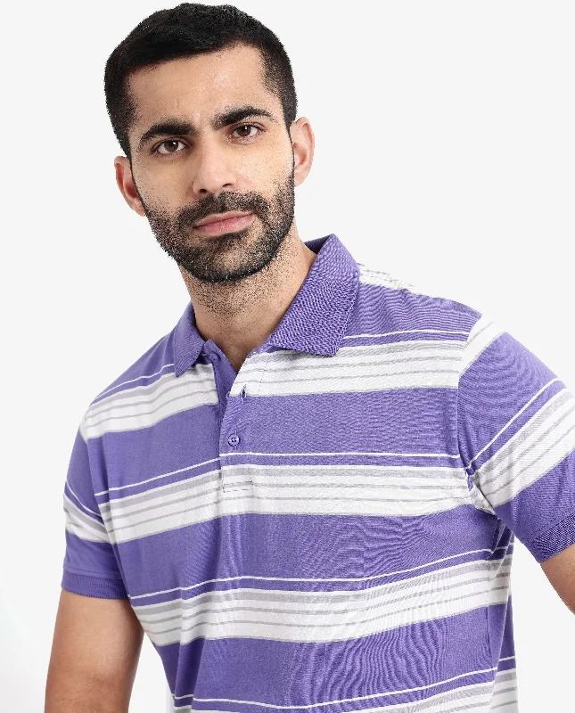 Shop exclusive offers on men’sapparel   Rare Rabbit Men's Verdun Dark Purple Cotton Fabric Half Sleeves Striped Polo T-Shirt
