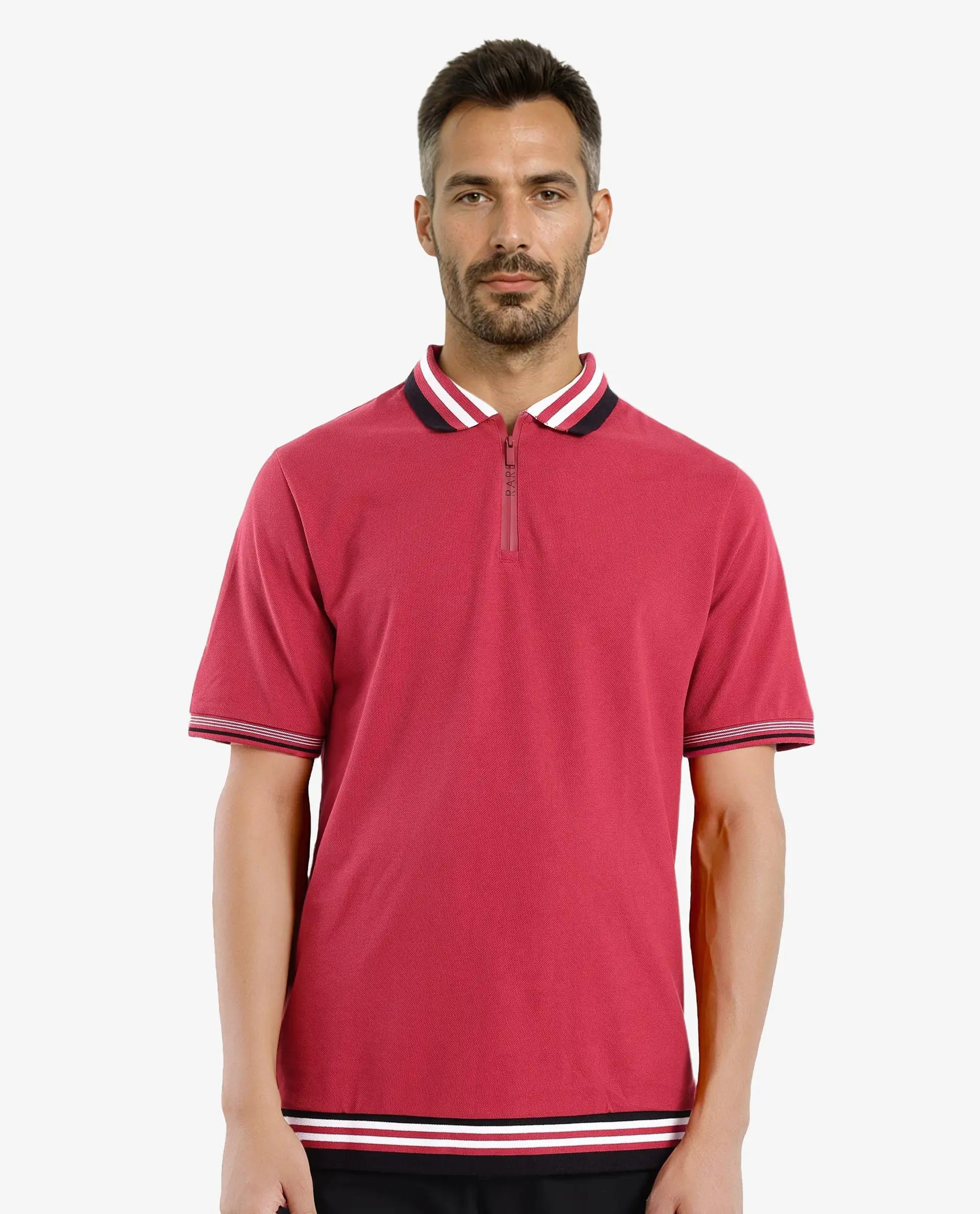 Shop men’s clothing now and enjoy amazing savings.  Rare Rabbit Men's Zyte Red Cotton Fabric Short Sleeves Regular Collar Zipper Closure Plain Knit Polo T-Shirt
