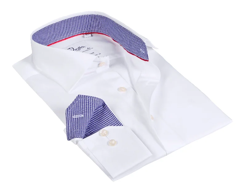 – Shop trendy clothing now.  White Long Sleeve Shirt with contract trimming // Dual cuffs// contemporary fit