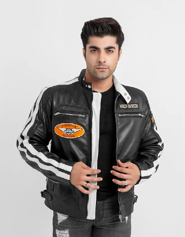 Shop the latest trends in men's clothing at unbeatable prices.  Harley Davidson Reverence Stripe Trim Black Motorcycle Leather Jacket