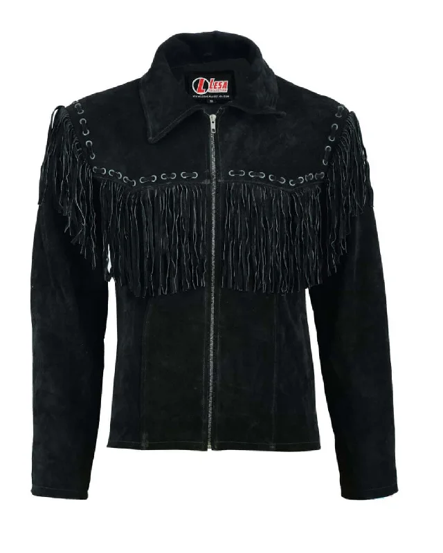 Exclusive offers on the latest clothing styles for men .  Mens Black Suede Cowboy Western Leather Jacket With Fringe