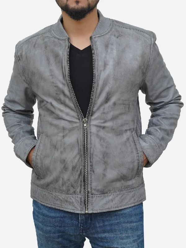  – Shop stylish items today!  Men's Distressed Grey Leather Bomber Jacket