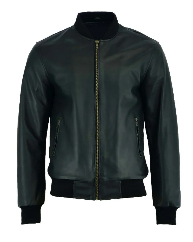 Shop the latest seasonal clothing sale – Big savings on stylish outfits.  New 70's retro bomber jacket men's black classic soft leather jacket